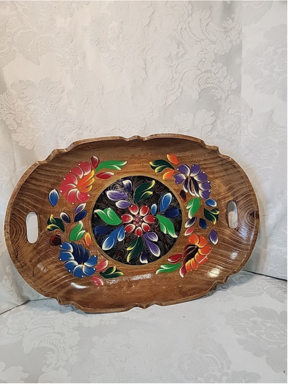 Vintage MEXICAN Folk Art Wooden Tray Hand Painted Colorful Floral 19.5" x 13.5”